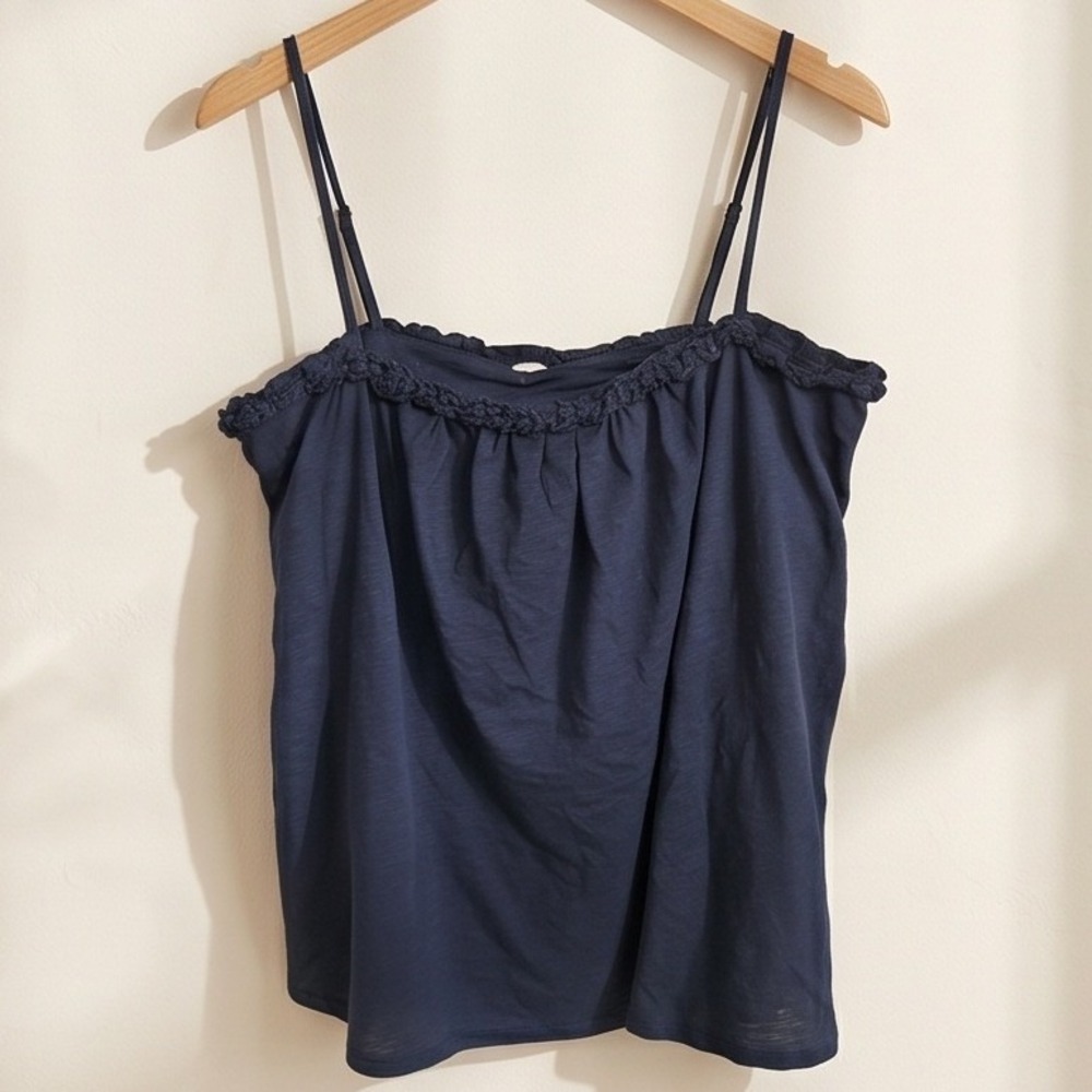 J. Crew L Braided Strap Cami Top Navy Blue Cotton Slub Ruffle Tank Large NWT